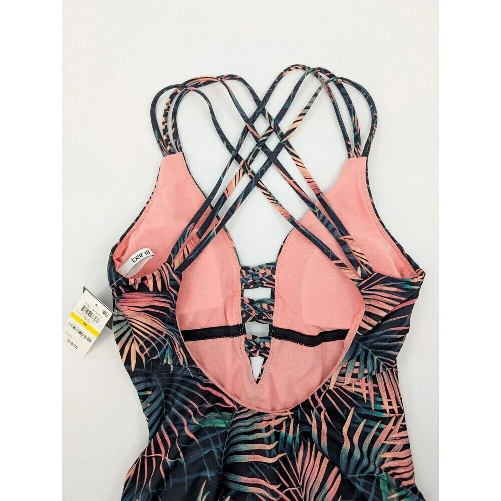 Bar III Swimsuit Women Medium One Piece Plunge Green Tropical Criss Cross Straps